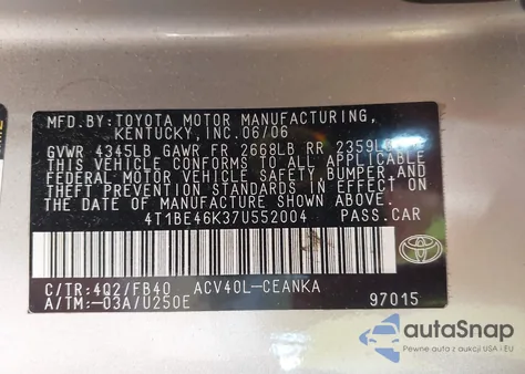 2007 Toyota Camry Le из США, поврежденный, VIN 4T1BE46K37U552004